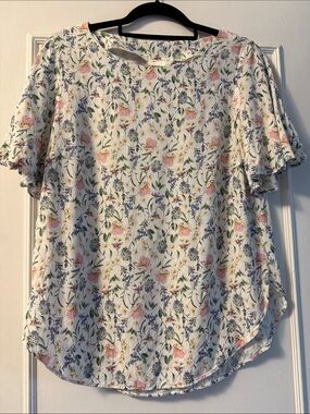 H&M White Floral Short-Sleeve Blouse with Pink & Blue Flowers